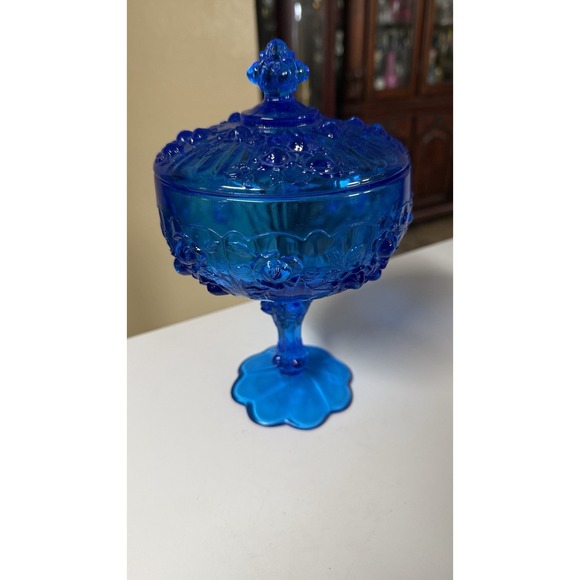 Fenton Other - LRG. Vintage FENTON Glass Compote Mid Century deep Blue Lidded